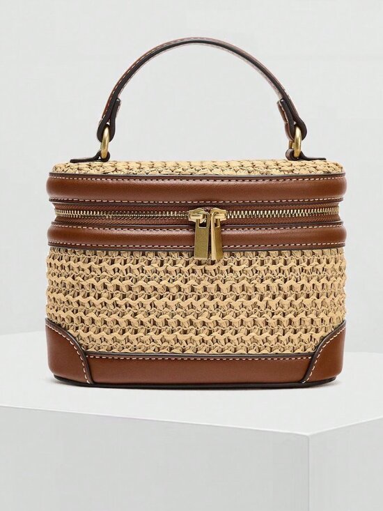 Handbags - Khaki Vacation Women's Structured faux Leather trim  & Woven Crossbody Handbag